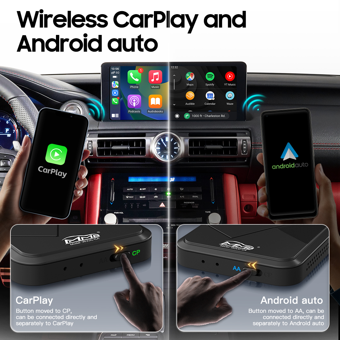 2-in-1 Wireless CarPlay & Android Auto Adapter - Wired to Wireless - 图片 3