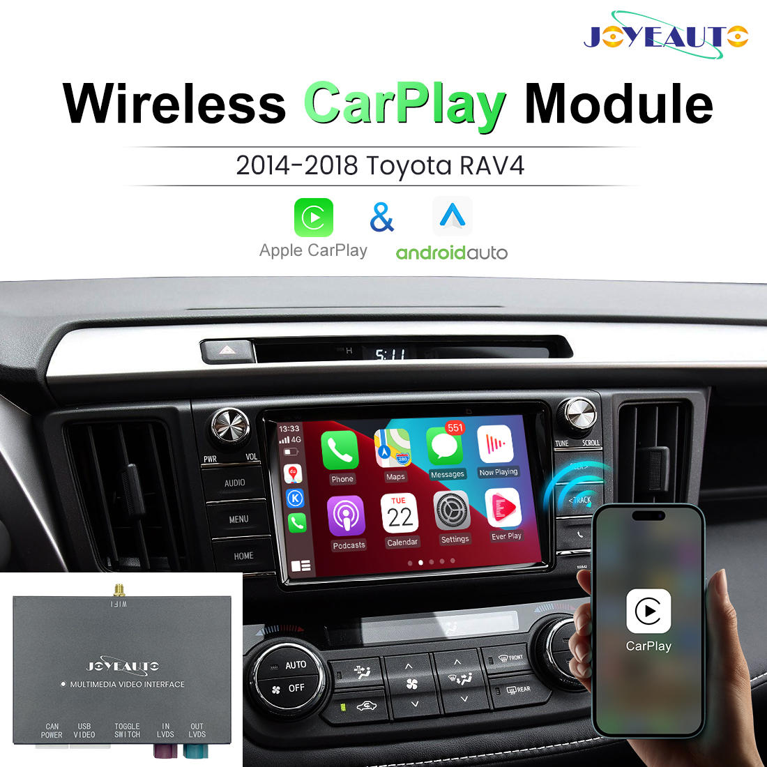 JoyeAuto Wireless CarPlay & Android Auto for Toyota RAV4 & Yaris (2014-2018)