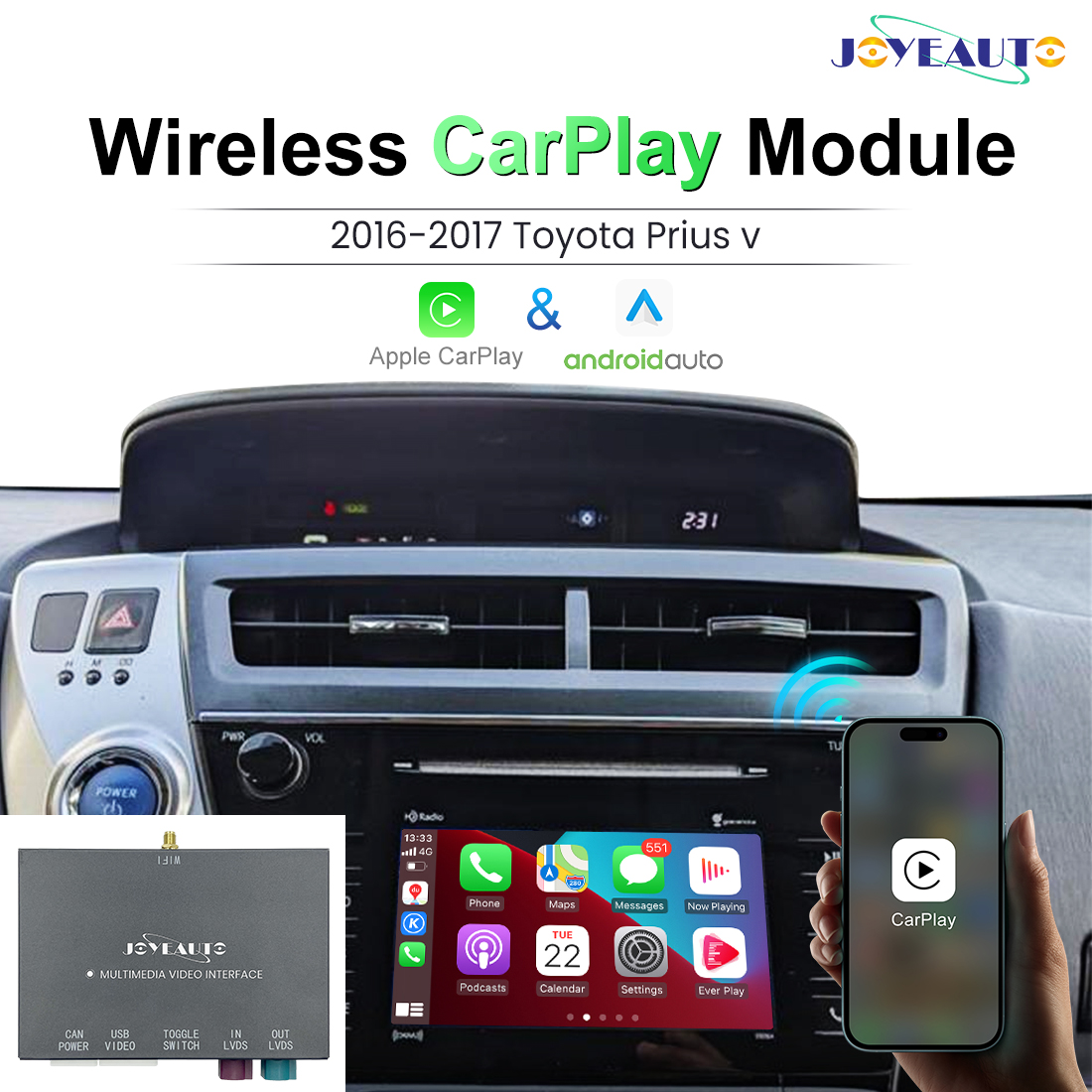 JoyeAuto Wireless CarPlay & Android Auto for Toyota Prius v (2016-2017)