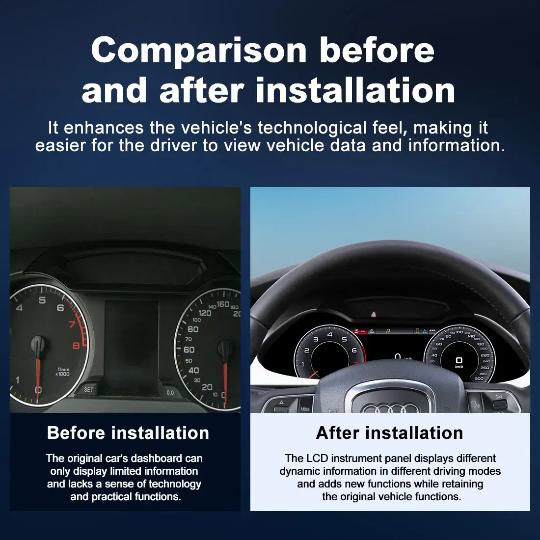 Audi Digital Cluster WZLCD-AU01 Before After Dashboard Retrofit Comparison
