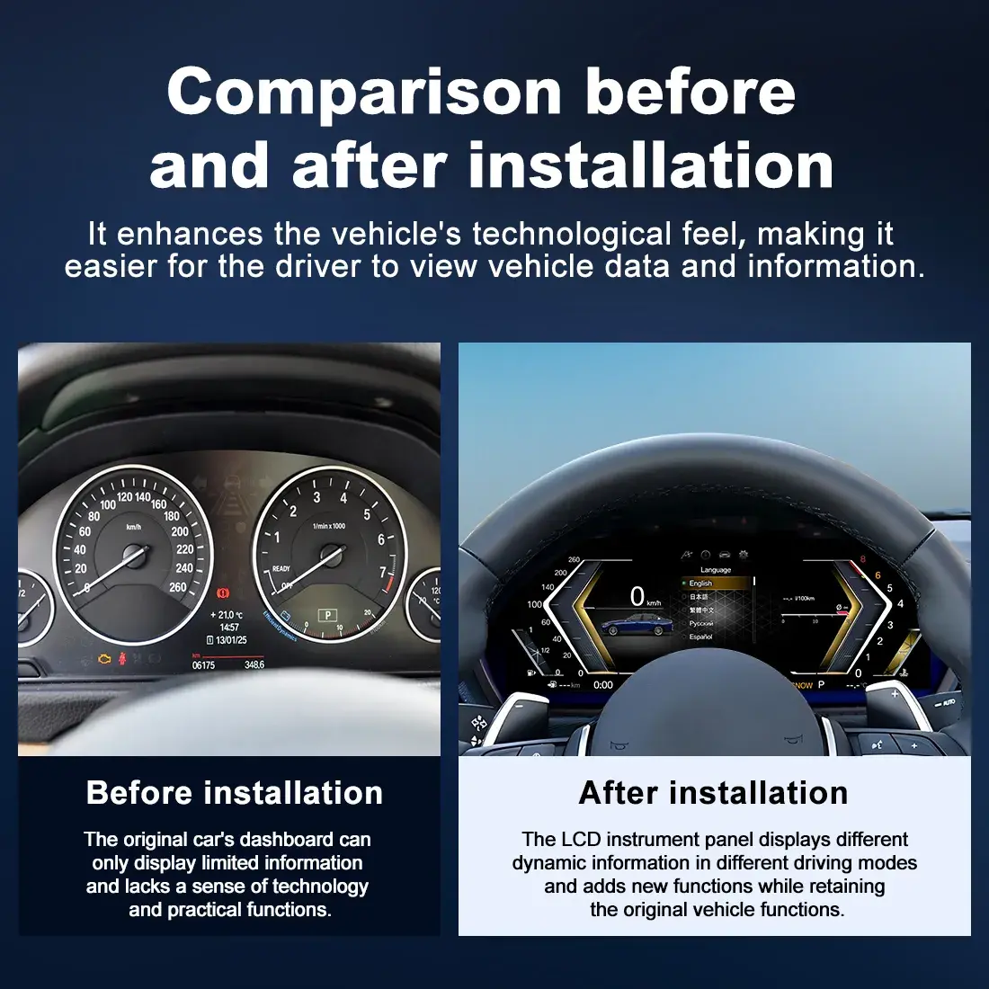BMW Digital Cluster WZLCD-BM03 Before After Comparison Dashboard